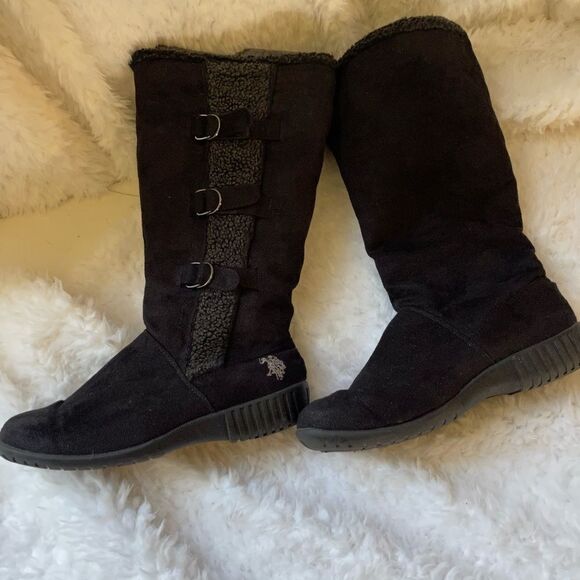 US Polo Assn black faux suede mid  calf pull on boots rubber soles size 11 - Picture 4 of 12